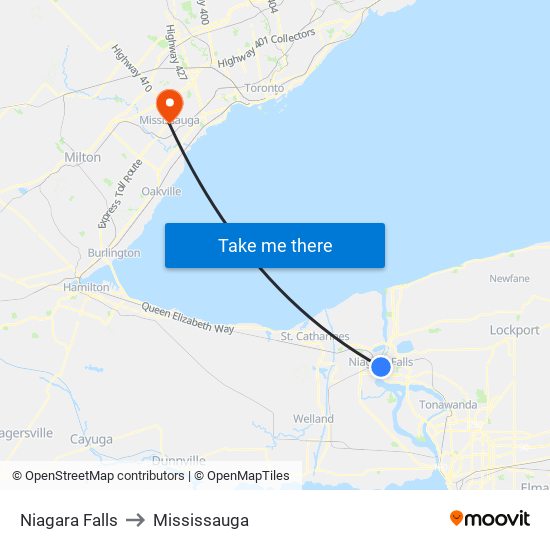 Niagara Falls to Mississauga map