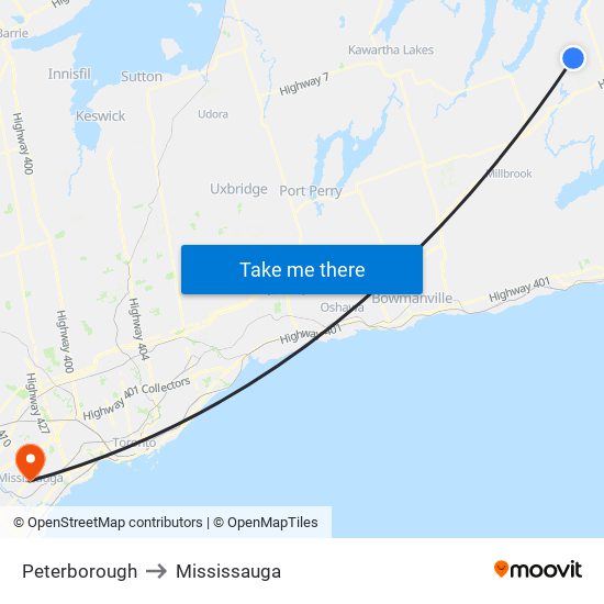 Peterborough to Mississauga map