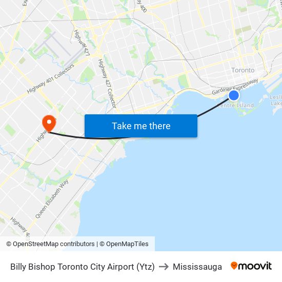 Billy Bishop Toronto City Airport (Ytz) to Mississauga map