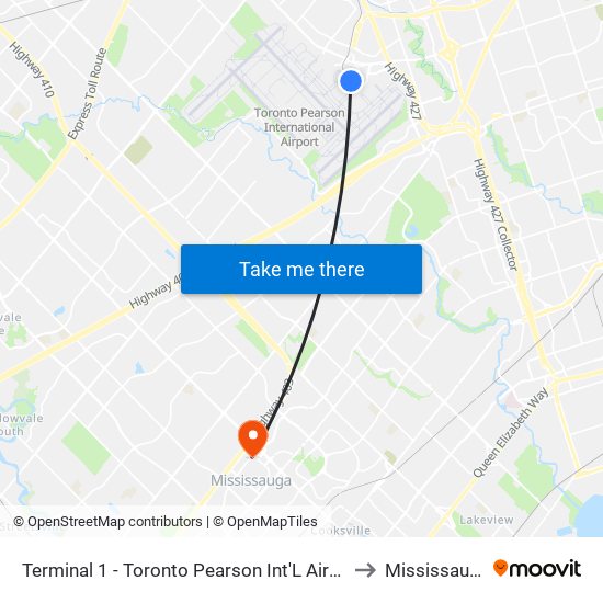 Terminal 1 - Toronto Pearson Int'L Airport to Mississauga map