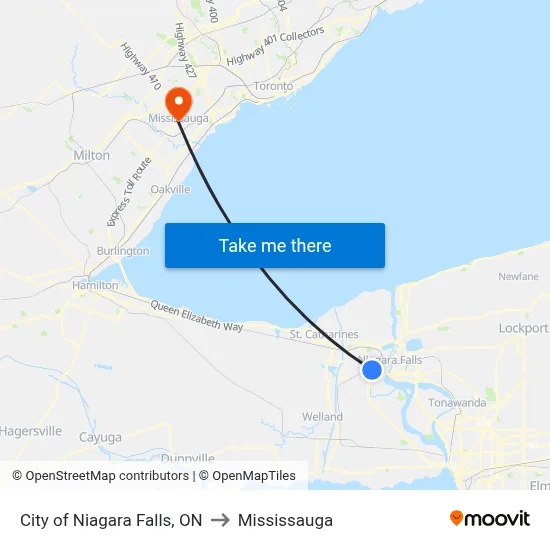 City of Niagara Falls, ON to Mississauga map