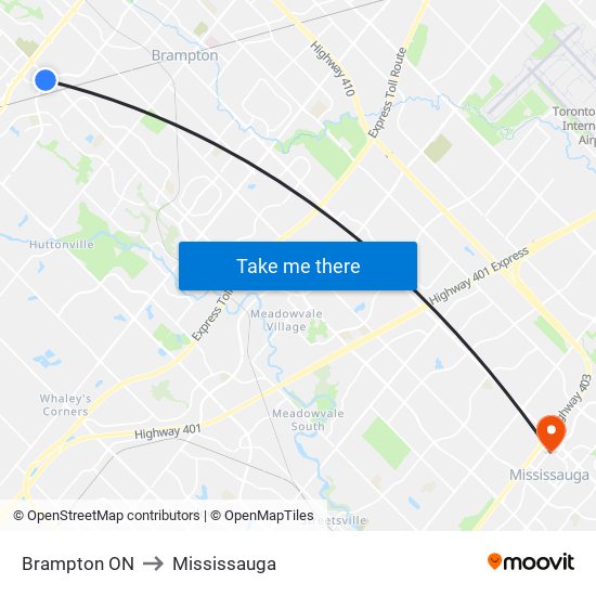 Brampton ON to Mississauga map