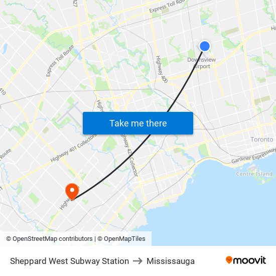 Sheppard West Subway Station to Mississauga map