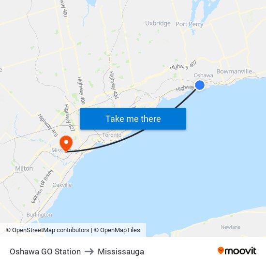 Oshawa GO Station to Mississauga map