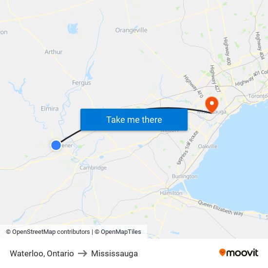 Waterloo, Ontario to Mississauga map