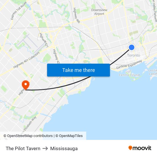 The Pilot Tavern to Mississauga map