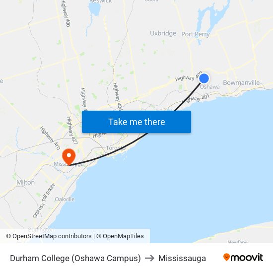 Durham College (Oshawa Campus) to Mississauga map
