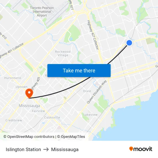 Islington Station to Mississauga map