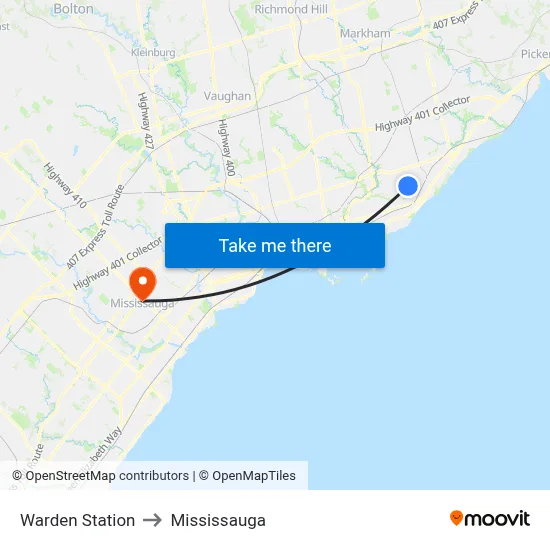 Warden Station to Mississauga map