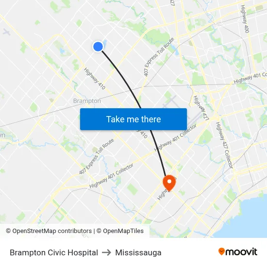 Brampton Civic Hospital to Mississauga map