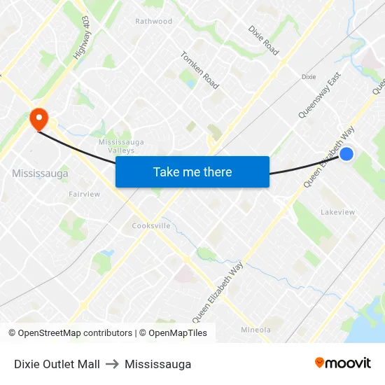 Dixie Outlet Mall to Mississauga map