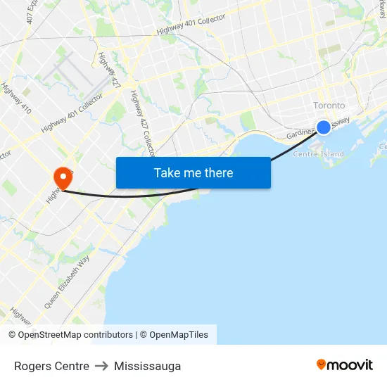 Rogers Centre to Mississauga map