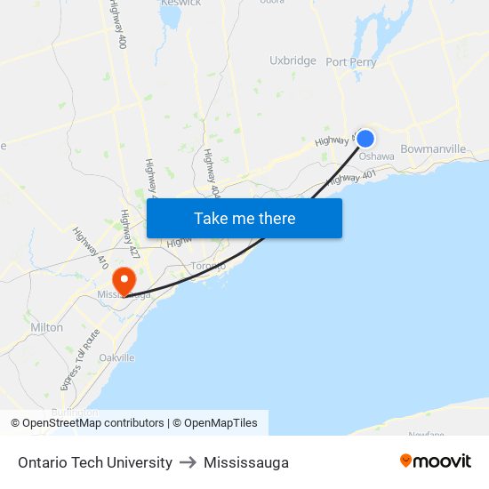 Ontario Tech University to Mississauga map