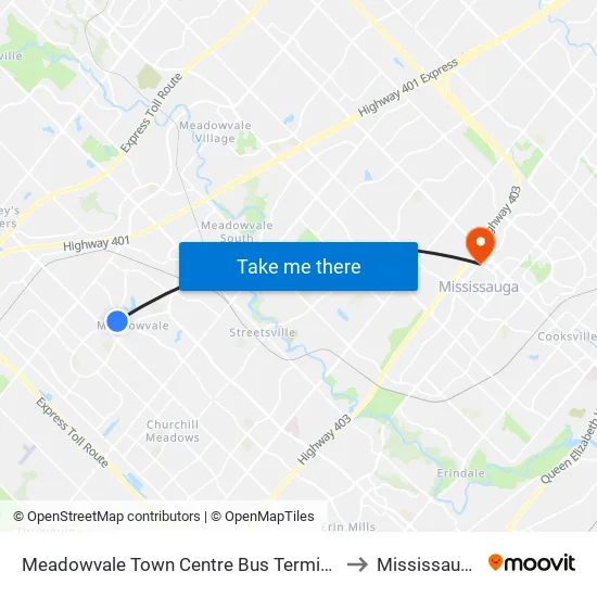 Meadowvale Town Centre Bus Terminal to Mississauga map
