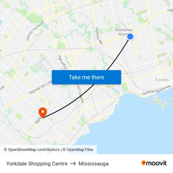 Yorkdale Shopping Centre to Mississauga map