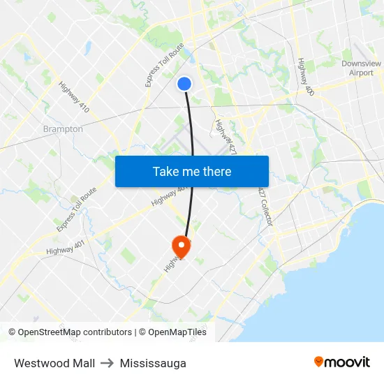 Westwood Mall to Mississauga map