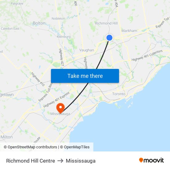 Richmond Hill Centre to Mississauga map