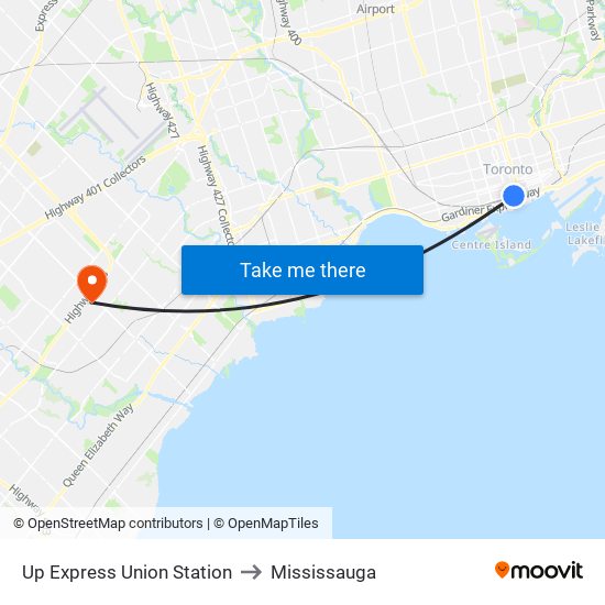 Up Express Union Station to Mississauga map