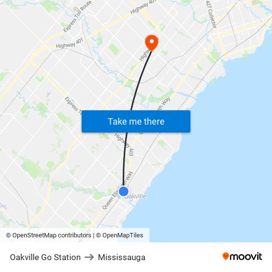Oakville Go Station to Mississauga map