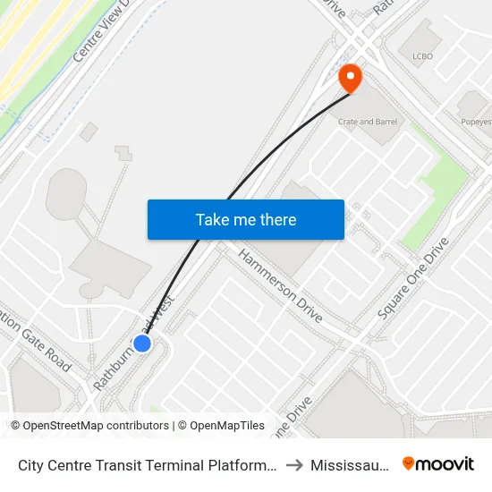 City Centre Transit Terminal Platform A to Mississauga map