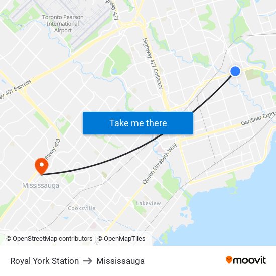 Royal York Station to Mississauga map