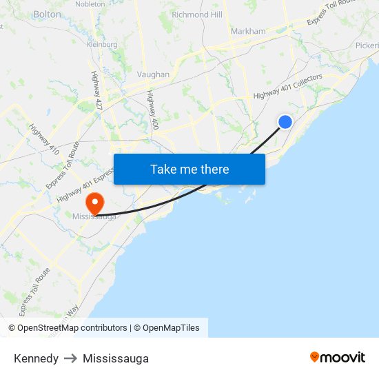 Kennedy to Mississauga map