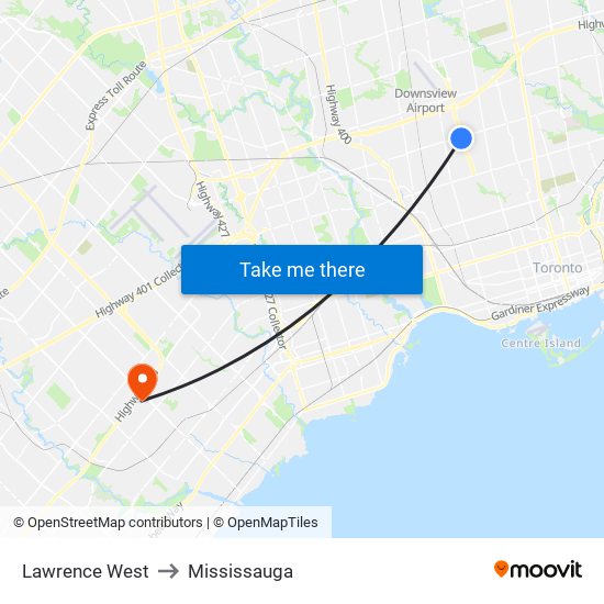 Lawrence West to Mississauga map