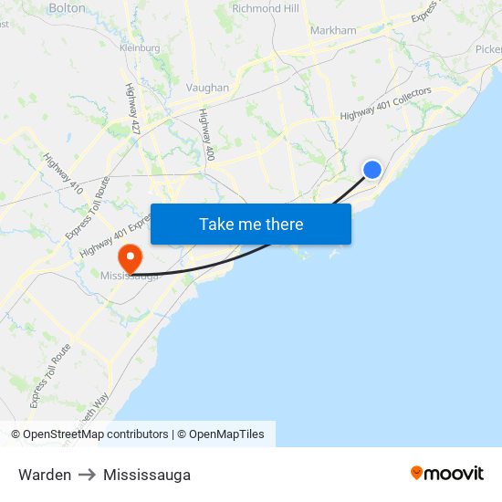 Warden to Mississauga map
