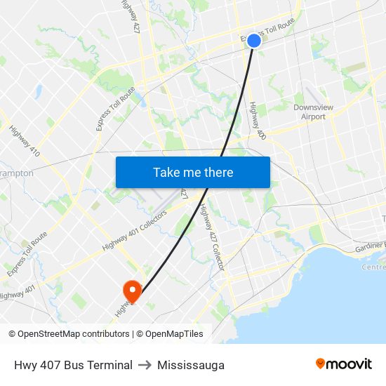 Hwy 407 Bus Terminal to Mississauga map