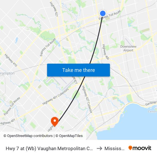 Hwy 7 at (Wb) Vaughan Metropolitan Centre Station to Mississauga map