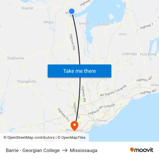 Barrie - Georgian College to Mississauga map
