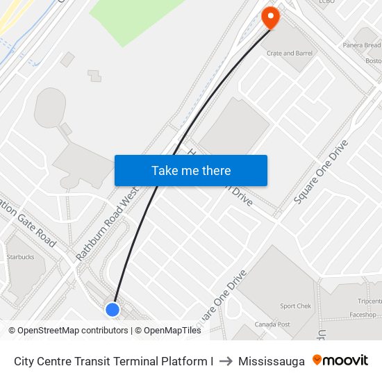 City Centre Transit Terminal Platform I to Mississauga map