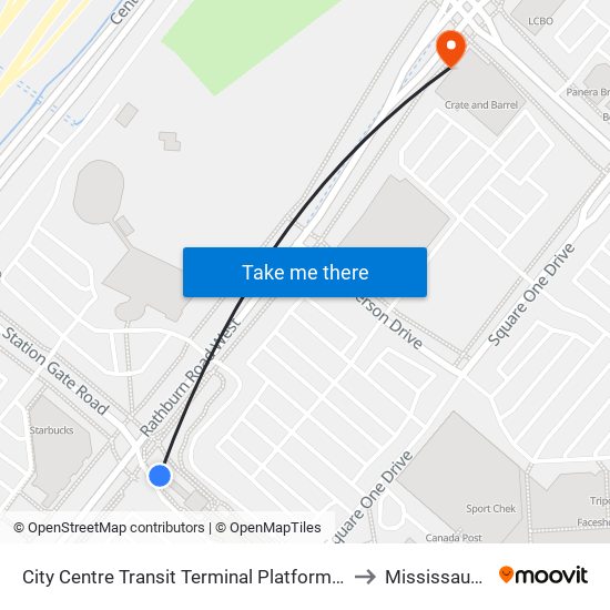 City Centre Transit Terminal Platform K to Mississauga map