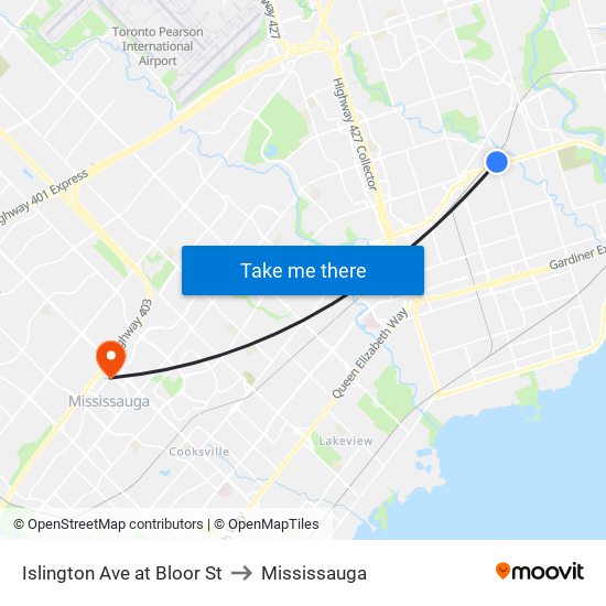 Islington Ave at Bloor St to Mississauga map