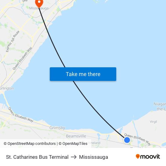 St. Catharines Bus Terminal to Mississauga map