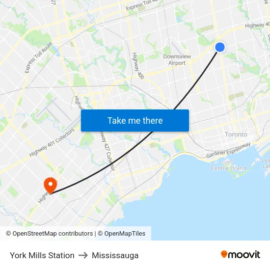 York Mills Station to Mississauga map