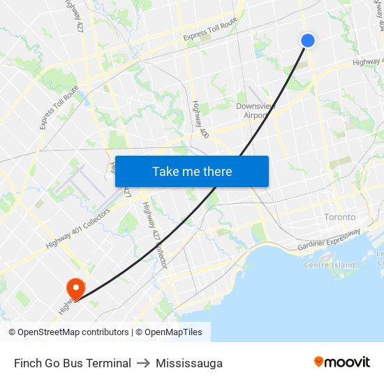 Finch Go Bus Terminal to Mississauga map