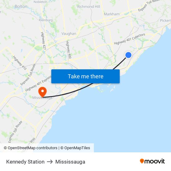 Kennedy Station to Mississauga map