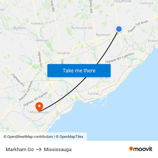Markham Go to Mississauga map