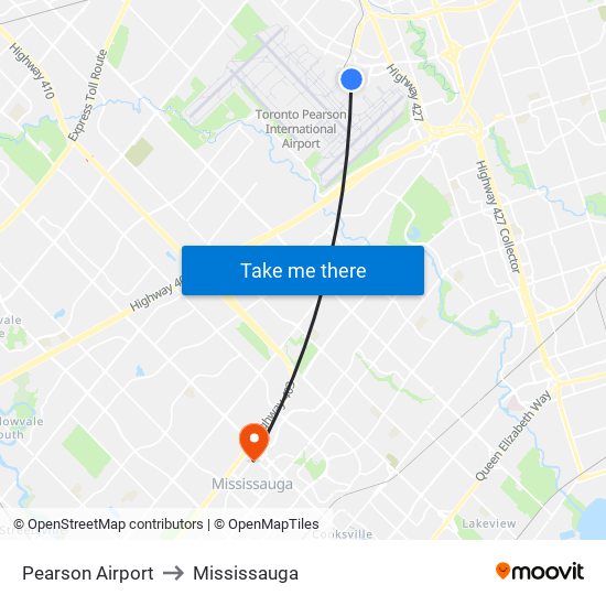 Pearson Airport to Mississauga map