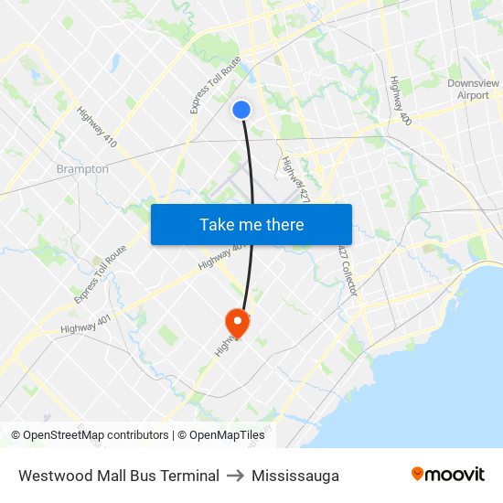 Westwood Mall Bus Terminal to Mississauga map