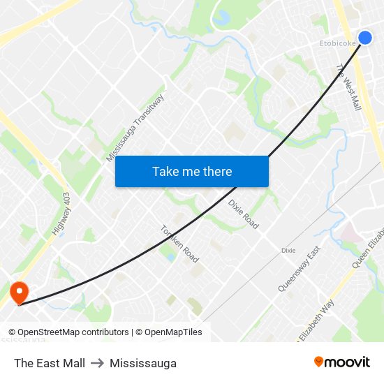 The East Mall to Mississauga map