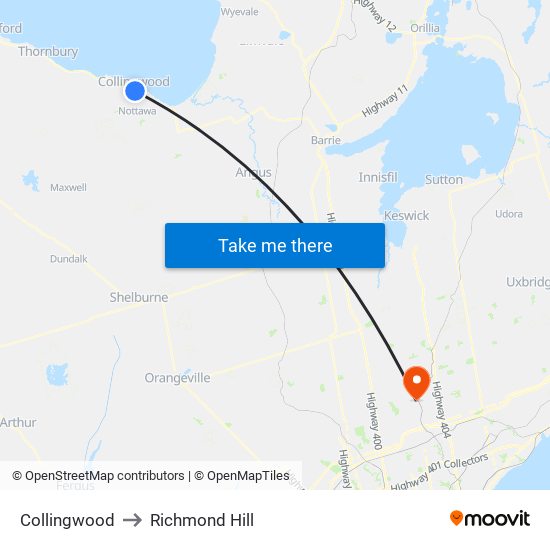 Collingwood to Richmond Hill map