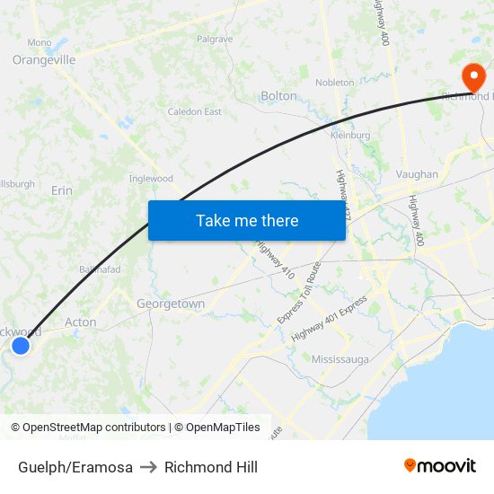 Guelph/Eramosa to Richmond Hill map