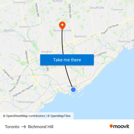 Toronto to Richmond Hill map