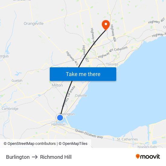 Burlington to Richmond Hill map