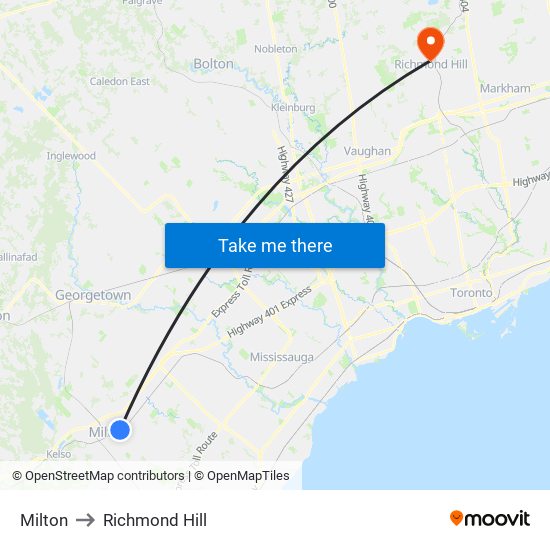 Milton to Richmond Hill map