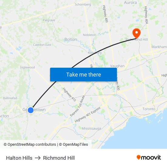 Halton Hills to Richmond Hill map