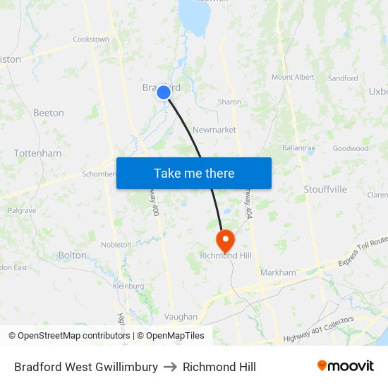 Bradford West Gwillimbury to Richmond Hill map
