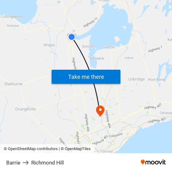 Barrie to Richmond Hill map